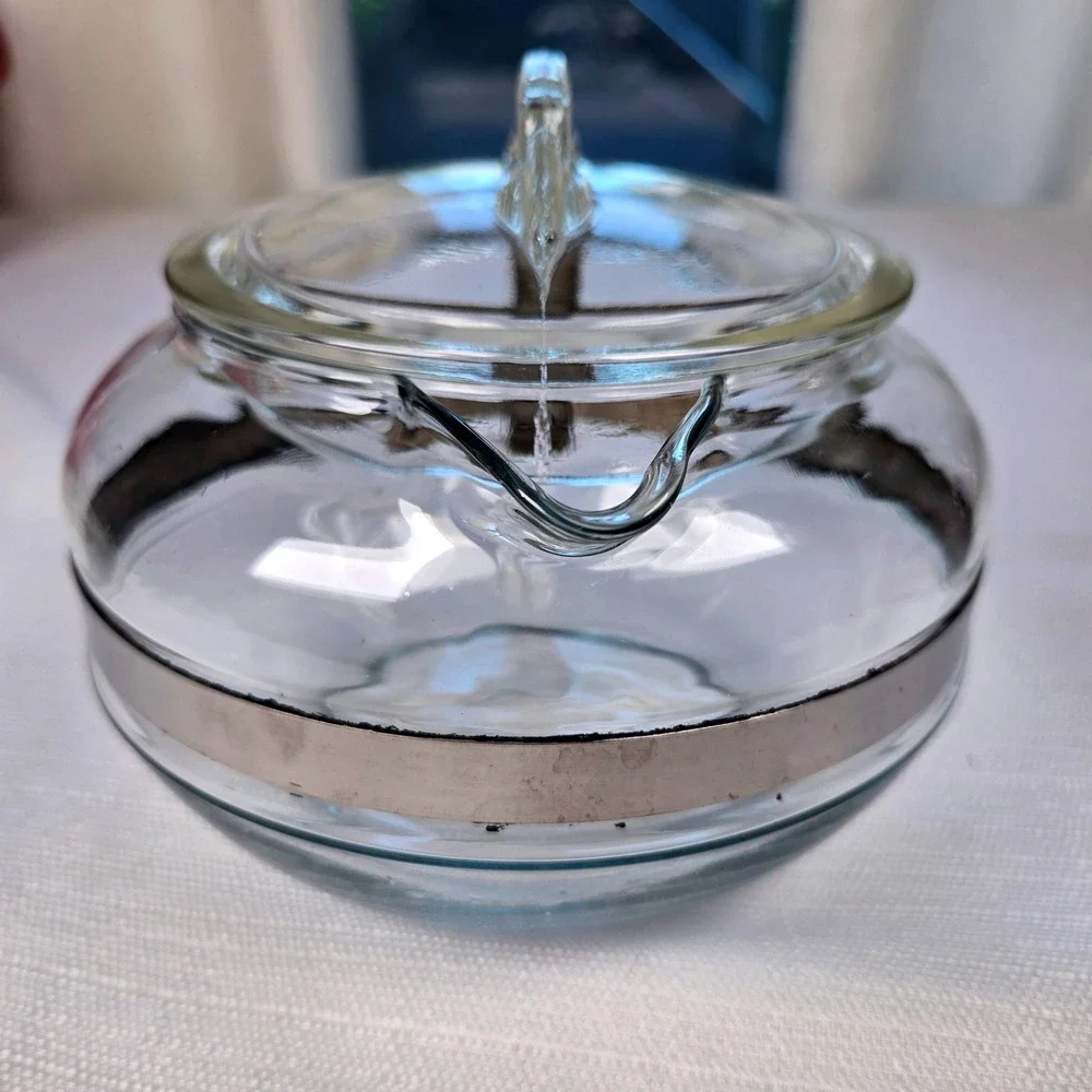 Vintage Pyrex 8126-B Clear Glass Teapot  Server Stainless Band USA MCM